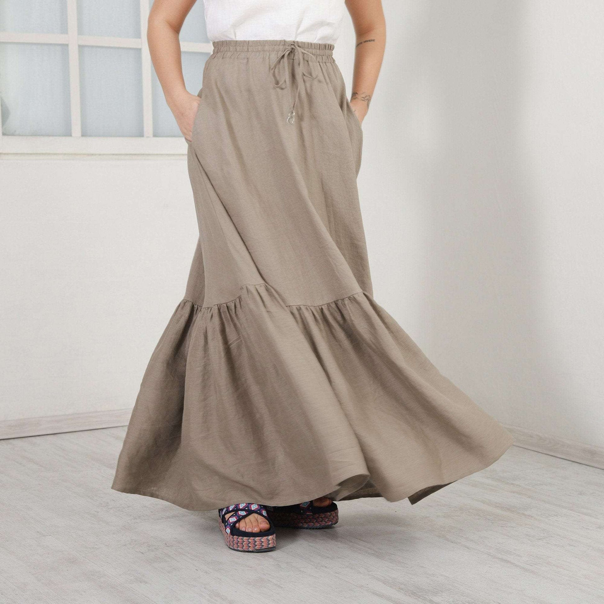 Long Linen Skirt, Maxi Flax Skirt, Full Circle Skirt, Peasant Skirt With Pockets, Floor Skirt by FriendsFashion