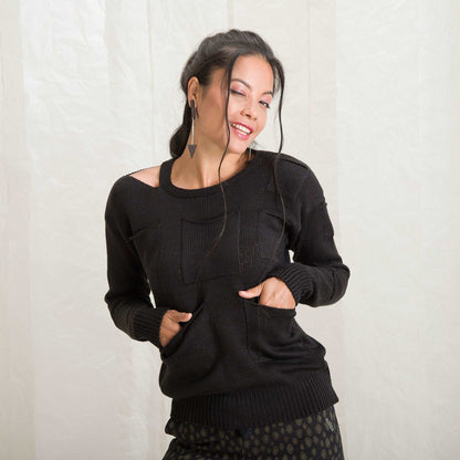 Black Women Sweater, Knit Winter Top, Woman Clothing With Pockets,