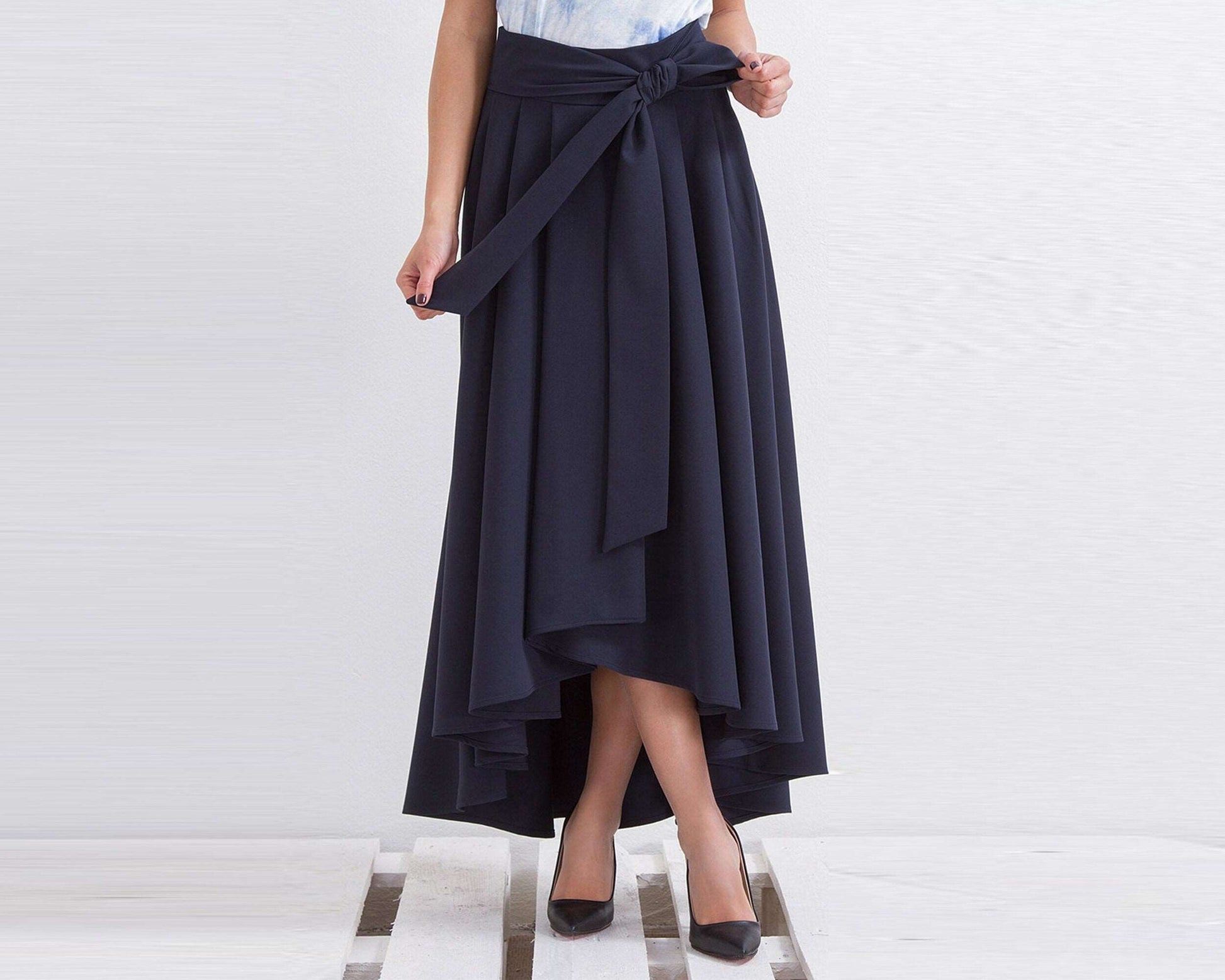 Loose Asymmetrical Skirt, Navy Blue Skirt, Extravagant Maxi Skirt