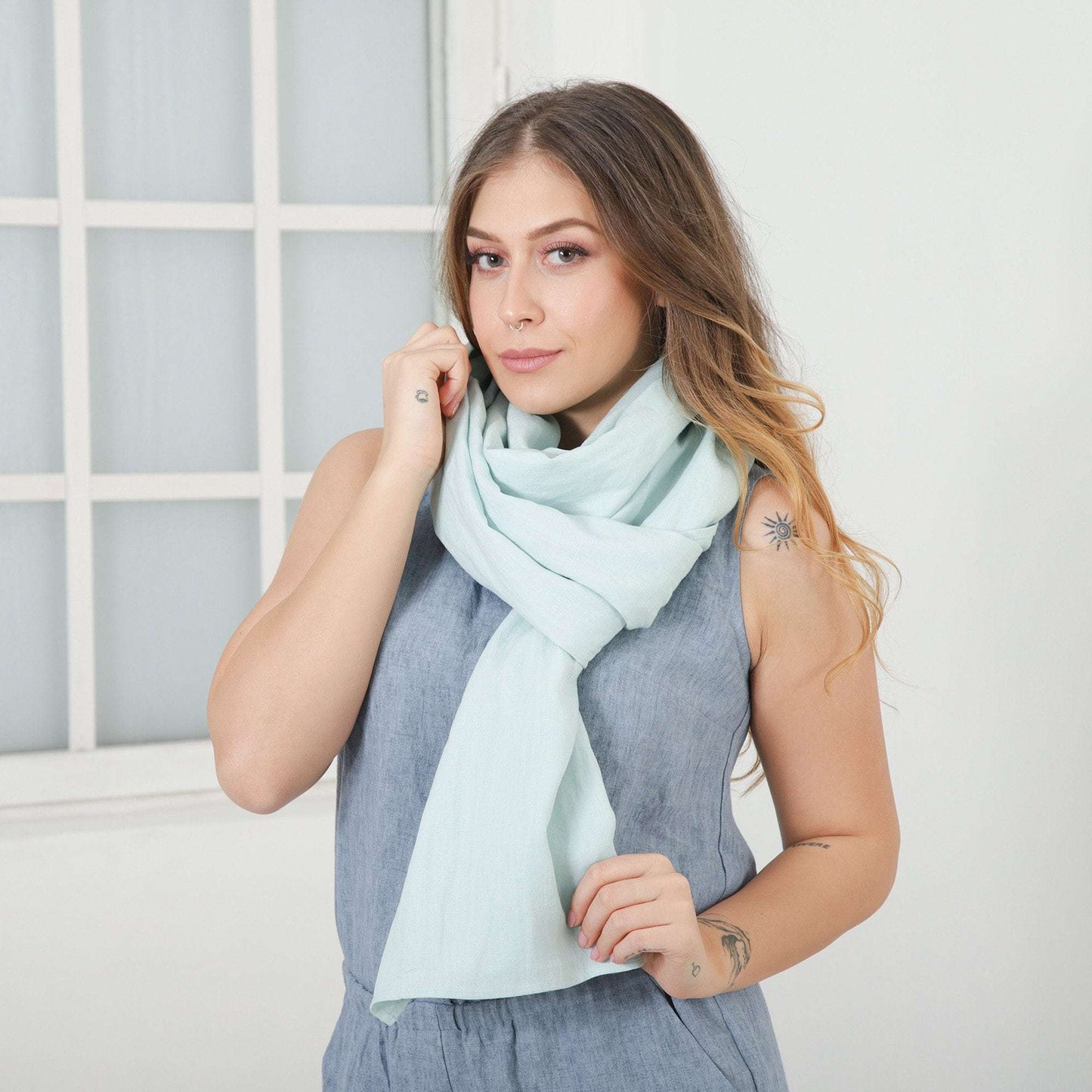 Washed Linen Scarf, Long and Wide Soft Shawl