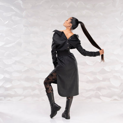 Faux Leather Dress, Sexy Midi Dress, Black Open Back Shirt Dress, Sexy Cocktail Party Dress, Plus Size Dress, Evening Dress, Romantic Dress