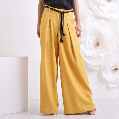 Mustard Linen Pants, Honey Comb Palazzo Pants, Womens Wide Leg Trousers | 100% Hand Crafted Premium Quality Flax Linen by Friends Fashion