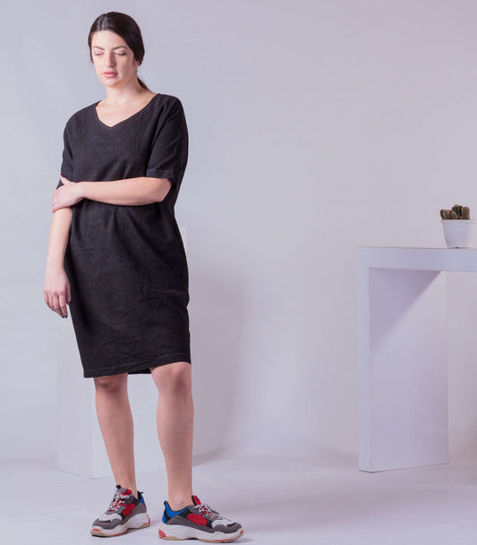 Minimalist Cotton Dress, Woman Basic Dress, Mid Arm Summer Dress, Plain Black Casual Dress, Simple Dress with Pockets