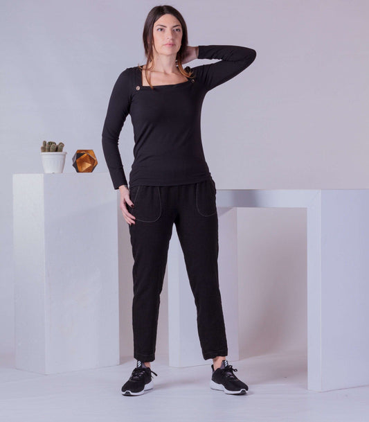 Basic Woman Top, Plain Black Blouse, Square Long Sleeve Top, Everyday Casual Blouse