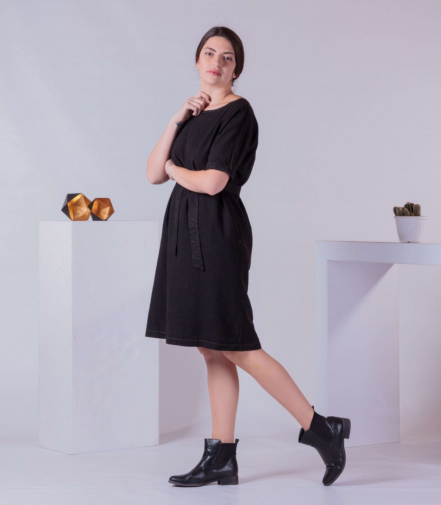 Apron Dress with Belt, Basic Woman Summer Dress, Trendy 2022 Dress, Minimalist Cotton Knee Dress