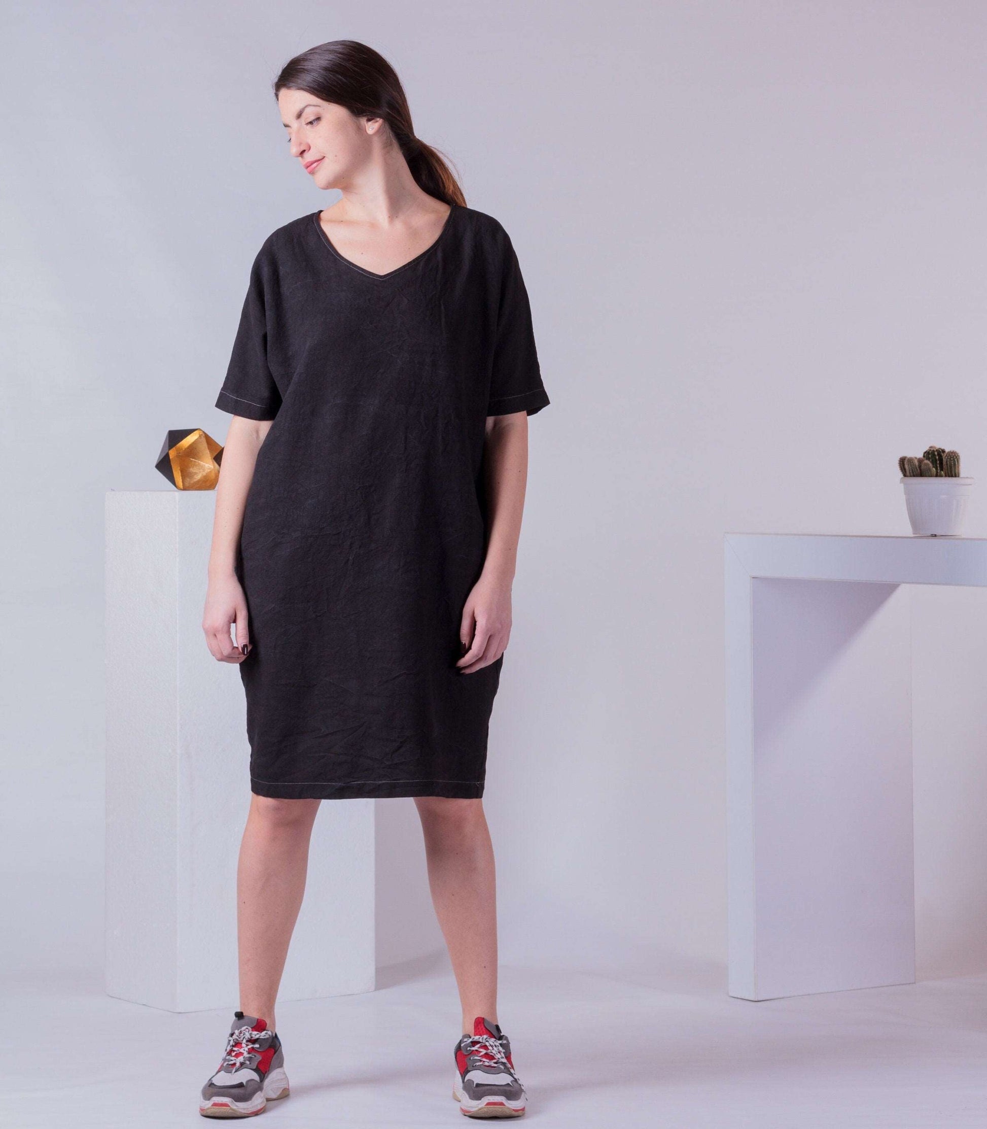 Minimalist Cotton Dress, Woman Basic Dress, Mid Arm Summer Dress, Plain Black Casual Dress, Simple Dress with Pockets