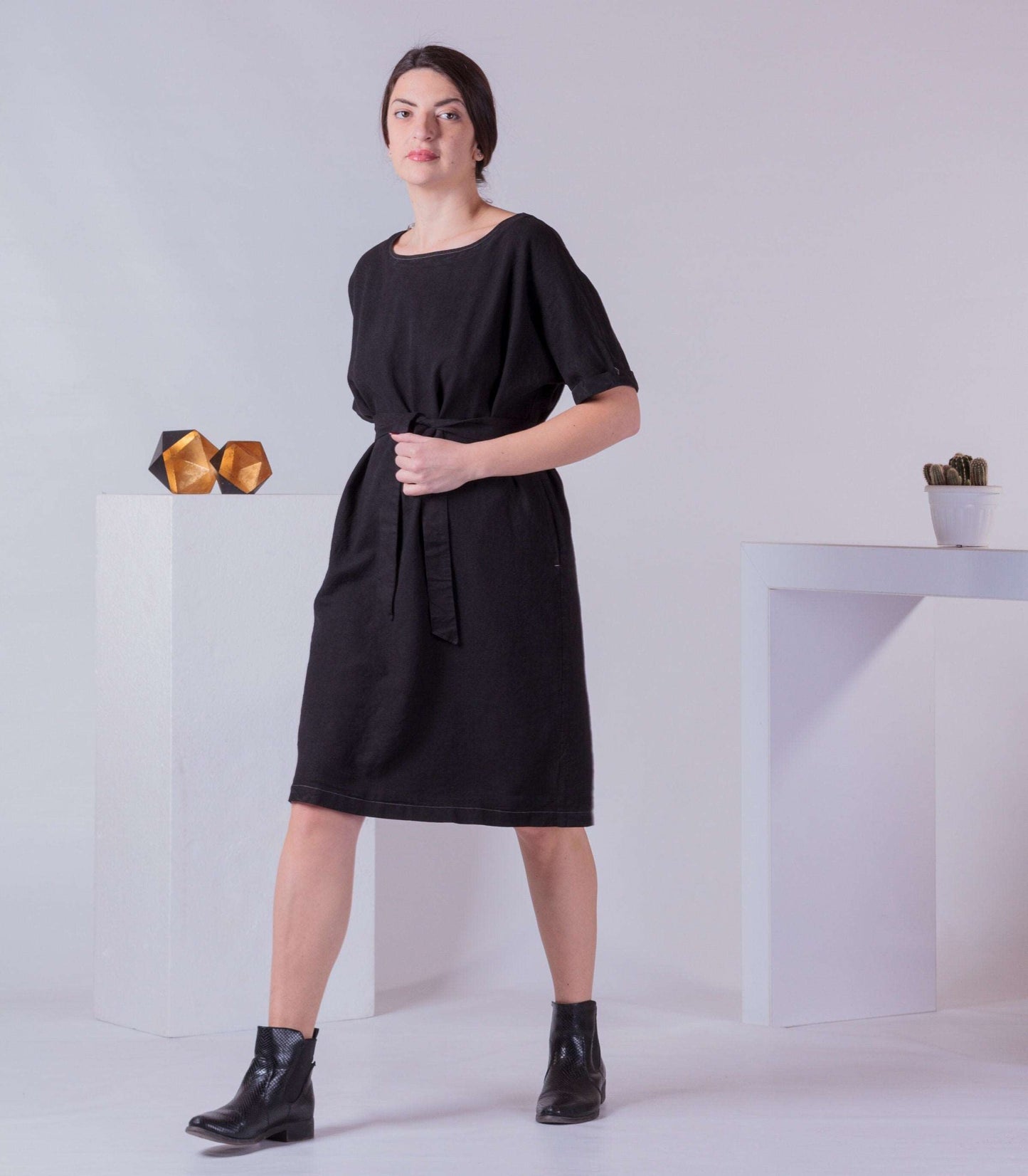 Apron Dress with Belt, Basic Woman Summer Dress, Trendy 2022 Dress, Minimalist Cotton Knee Dress