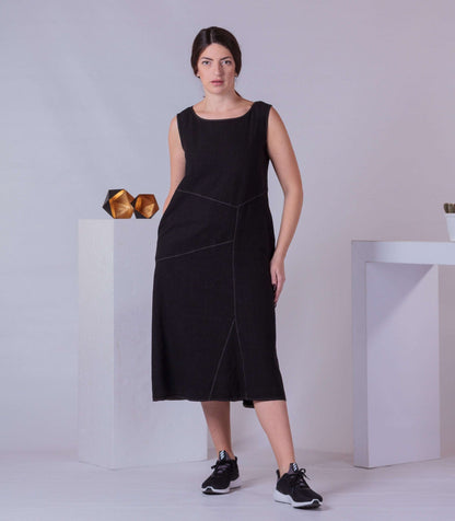 Sleeveless Summer Dress, Below Knee Dress, Woman Summer Dress, Black Plain Dress, Basic Dress, Cotton Dress with Pockets