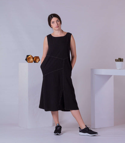 Sleeveless Summer Dress, Below Knee Dress, Woman Summer Dress, Black Plain Dress, Basic Dress, Cotton Dress with Pockets