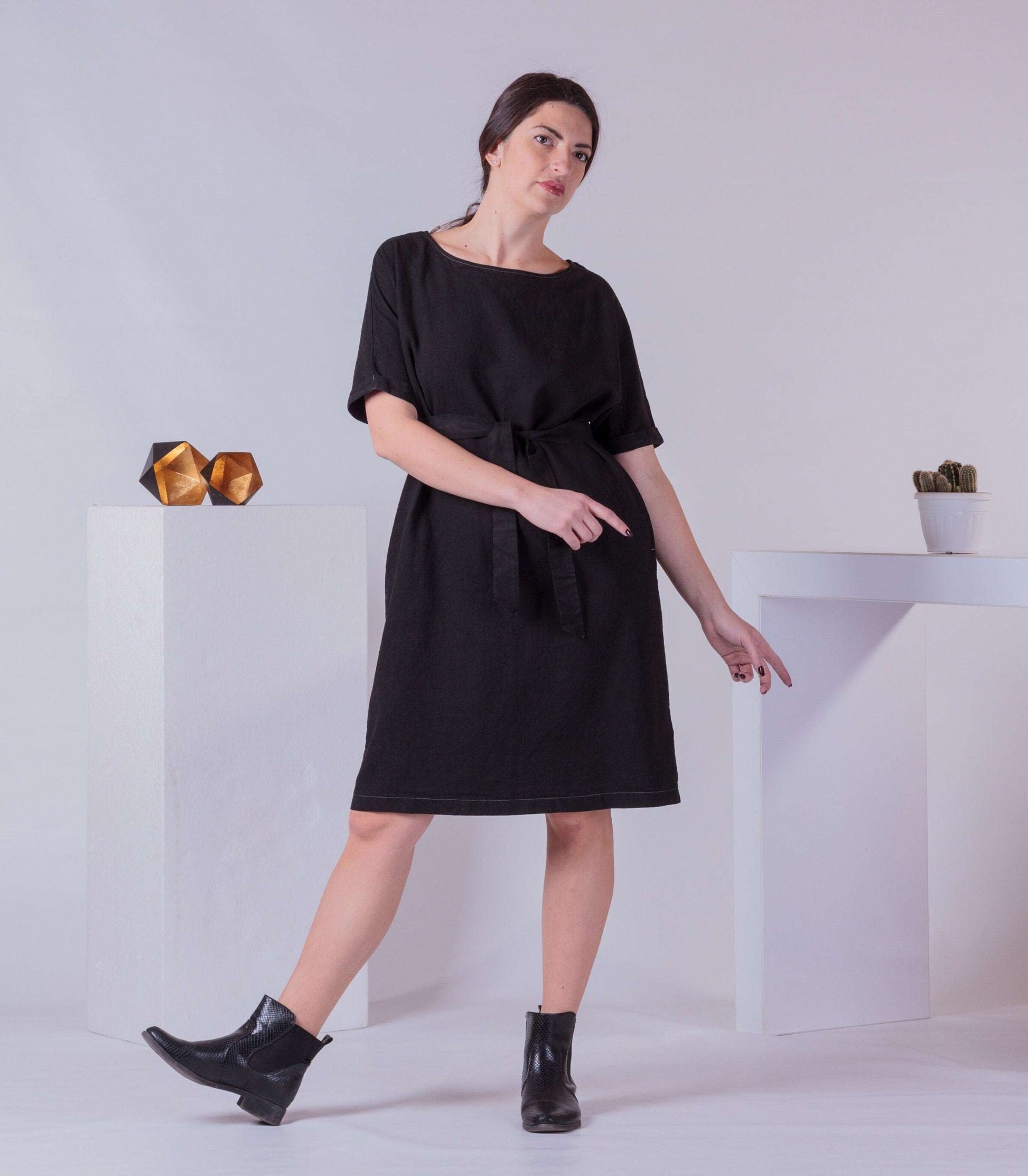 Apron Dress with Belt, Basic Woman Summer Dress, Trendy 2022 Dress, Minimalist Cotton Knee Dress