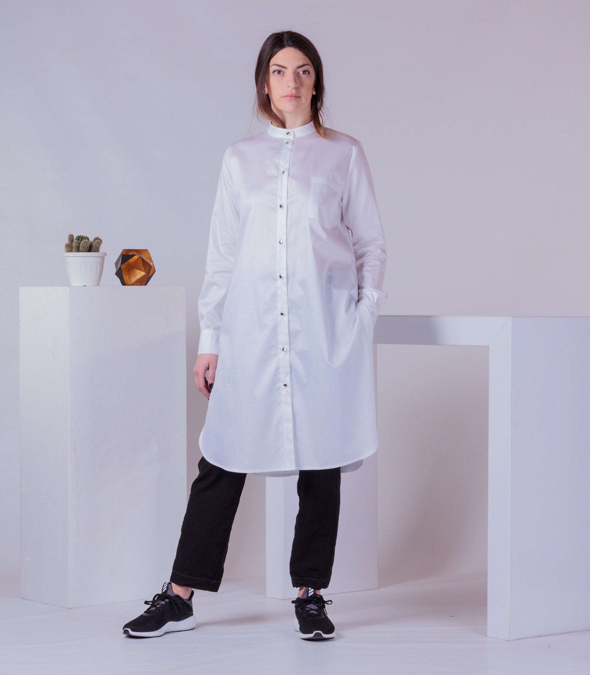 Extra Long Shirt, Woman Shirt Dress, Trendy Shirt Tunic, Minimalist Button Shirt, Maternity Cotton Top, Long Sleeve Unusual Shirt