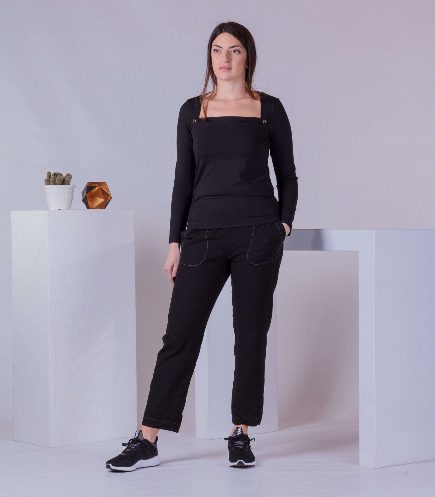 Basic Woman Top, Plain Black Blouse, Square Long Sleeve Top, Everyday Casual Blouse