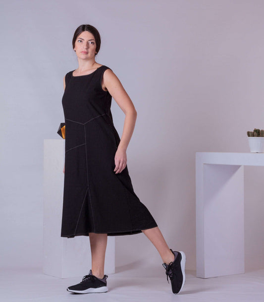 Sleeveless Summer Dress, Below Knee Dress, Woman Summer Dress, Black Plain Dress, Basic Dress, Cotton Dress with Pockets