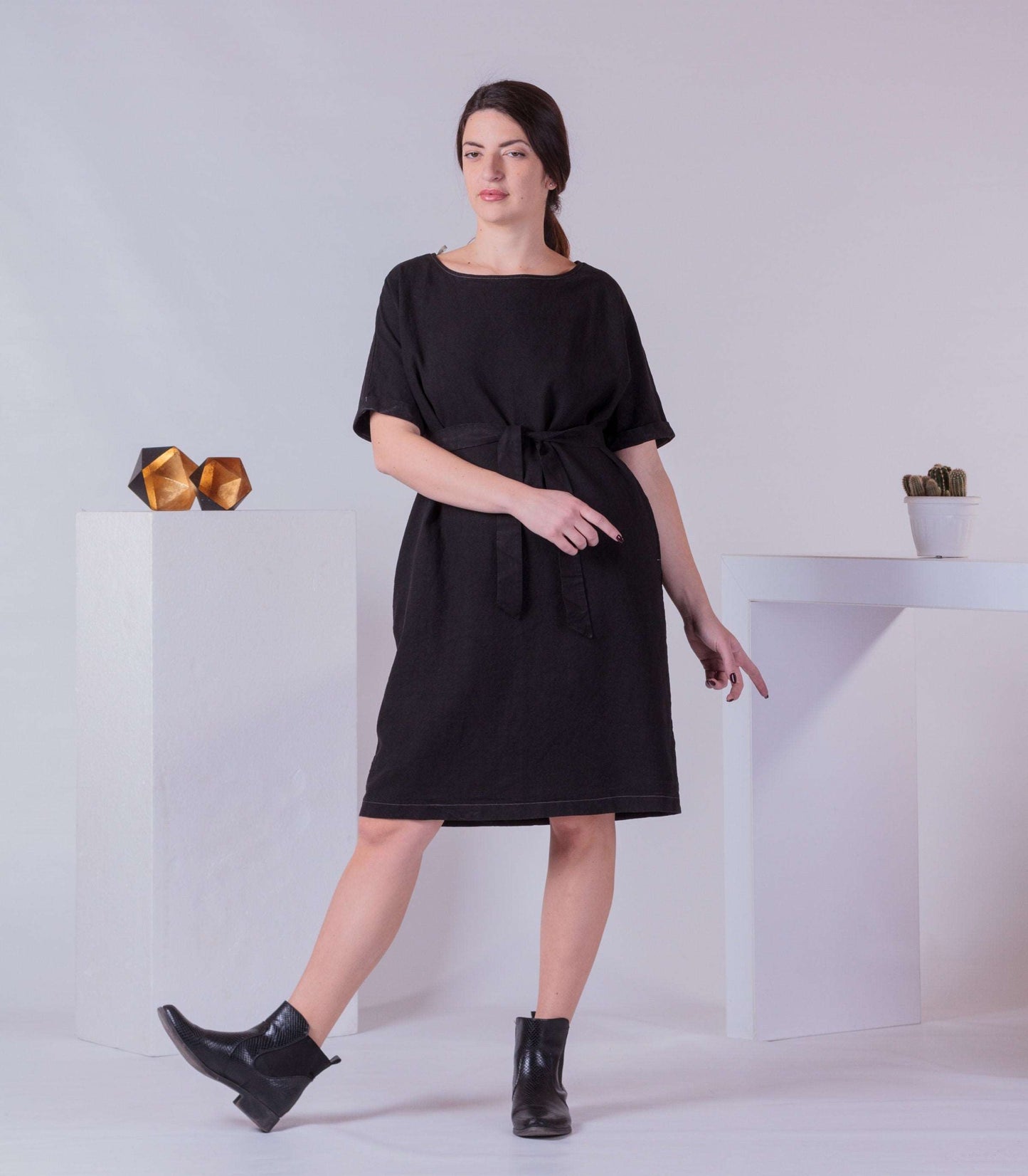 Apron Dress with Belt, Basic Woman Summer Dress, Trendy 2022 Dress, Minimalist Cotton Knee Dress