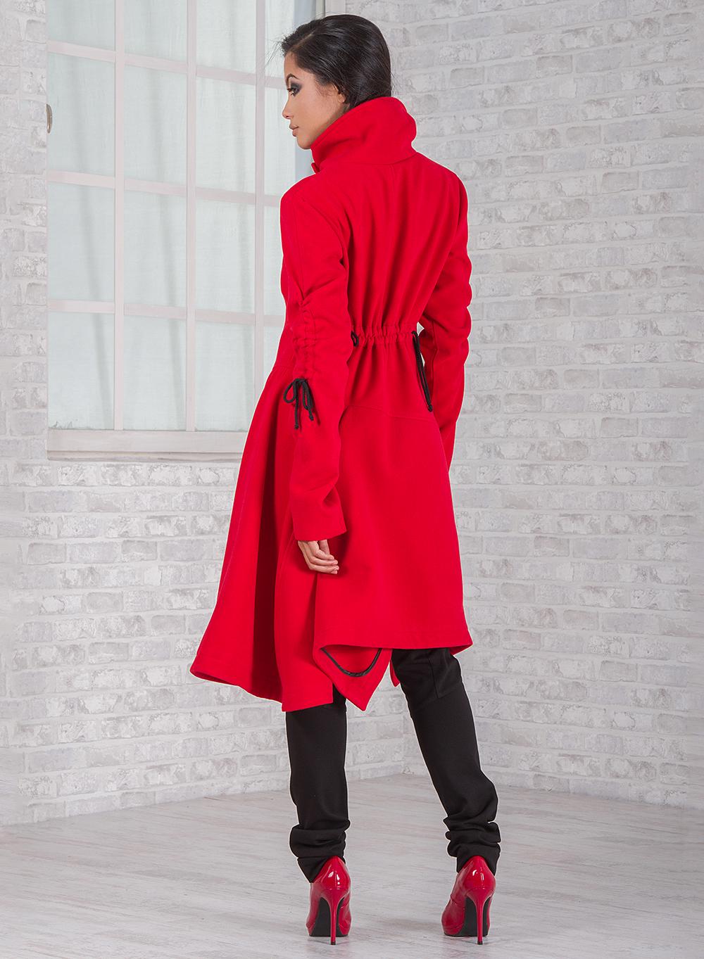 red winter asymetrical coat with ties and unique design . Cyber wear