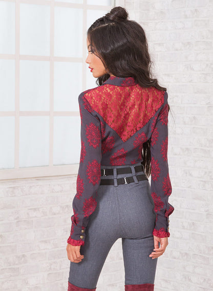 Lace Shirt, Sheer Back Top, Red Lace Shirt With Artistic Back, Button Shirt, Sexy Elegant Top by Friends Fashion