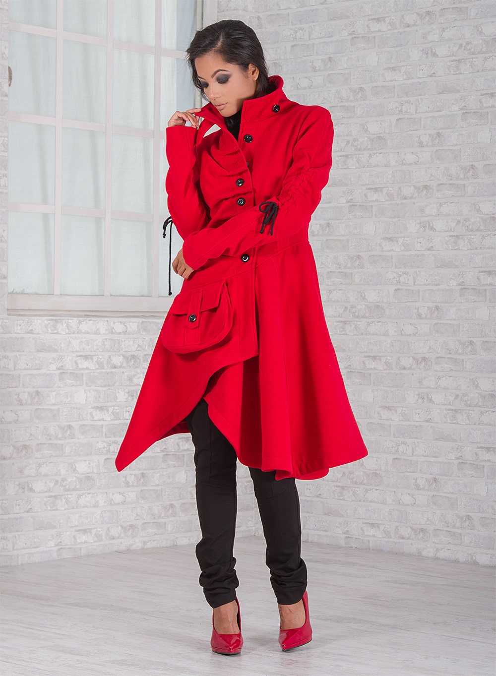 Warm Winter Coat, Red Wool Coat, Utility Women's Coat with lots of pockets and belts, Asymmetrical Coat, Extravagant Coat, Avant Garde Coat