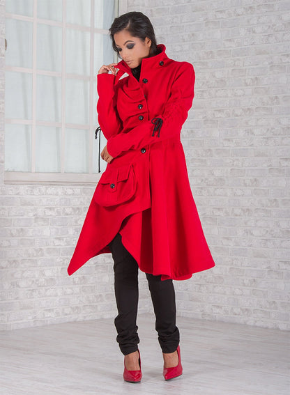 Warm Winter Coat, Red Wool Coat, Utility Women's Coat with lots of pockets and belts, Asymmetrical Coat, Extravagant Coat, Avant Garde Coat