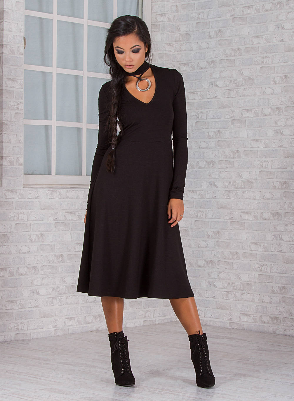 Woman Long Dress/ Cotton Viscose Midi Dress/ Long Sleeve Dress/ Plus Size Clothing