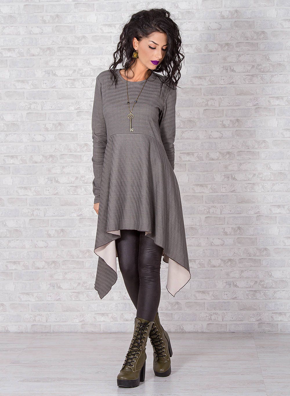 Woman Tunic, Long Sleeve Tunic Dress, Asymmetrical Tunic, Gray Melange Tunic, Elegant Cotton Tunic