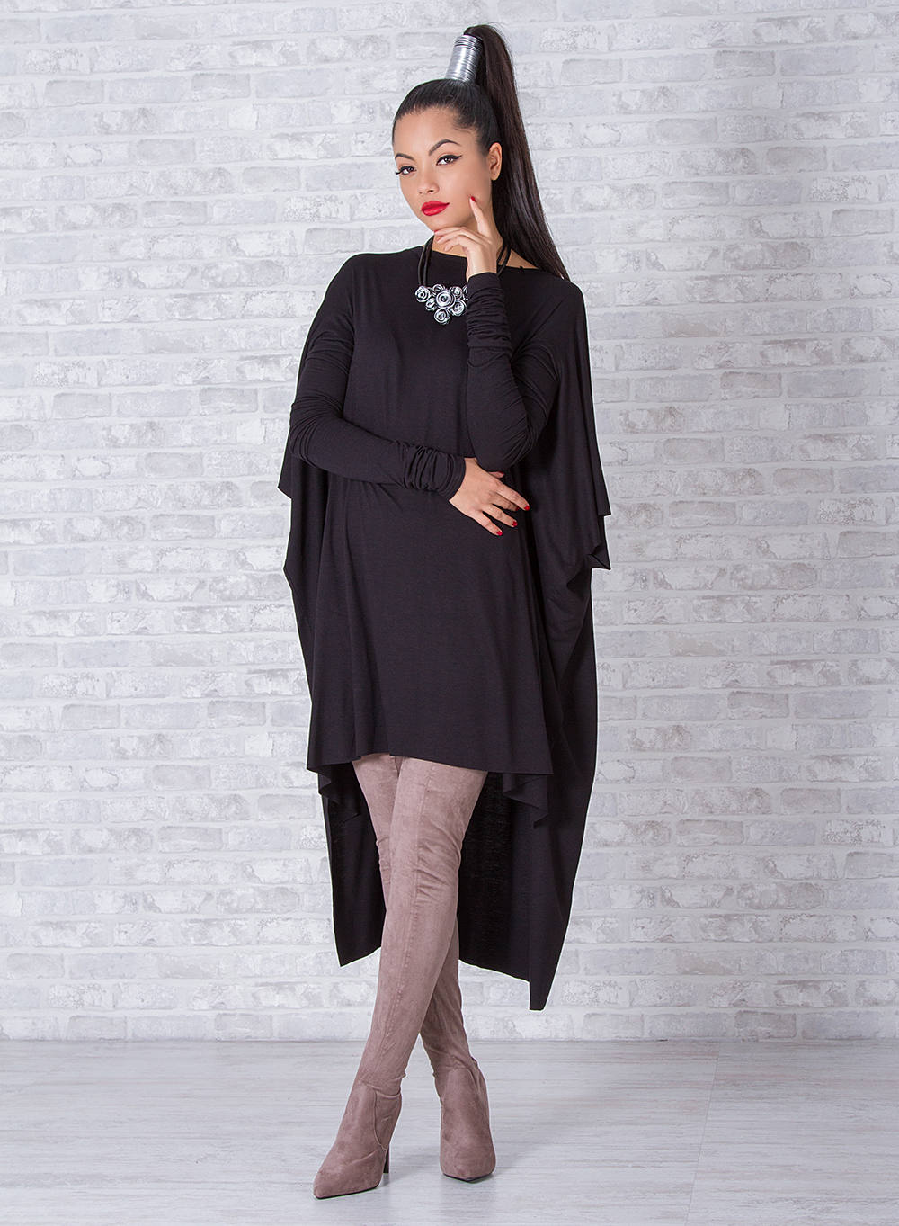 Black Woman Tunic, Asymmetric Extravagant Top, Long Sleeve Blouse, Oversized Maxi Tunic, Cape Plus Size Lady Fashion