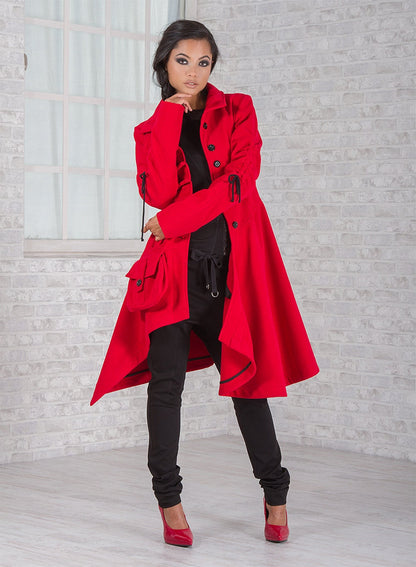 Warm Winter Coat, Red Wool Coat, Utility Women's Coat with lots of pockets and belts, Asymmetrical Coat, Extravagant Coat, Avant Garde Coat