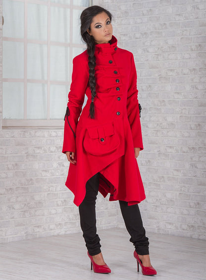 Warm Winter Coat, Red Wool Coat, Utility Women's Coat with lots of pockets and belts, Asymmetrical Coat, Extravagant Coat, Avant Garde Coat