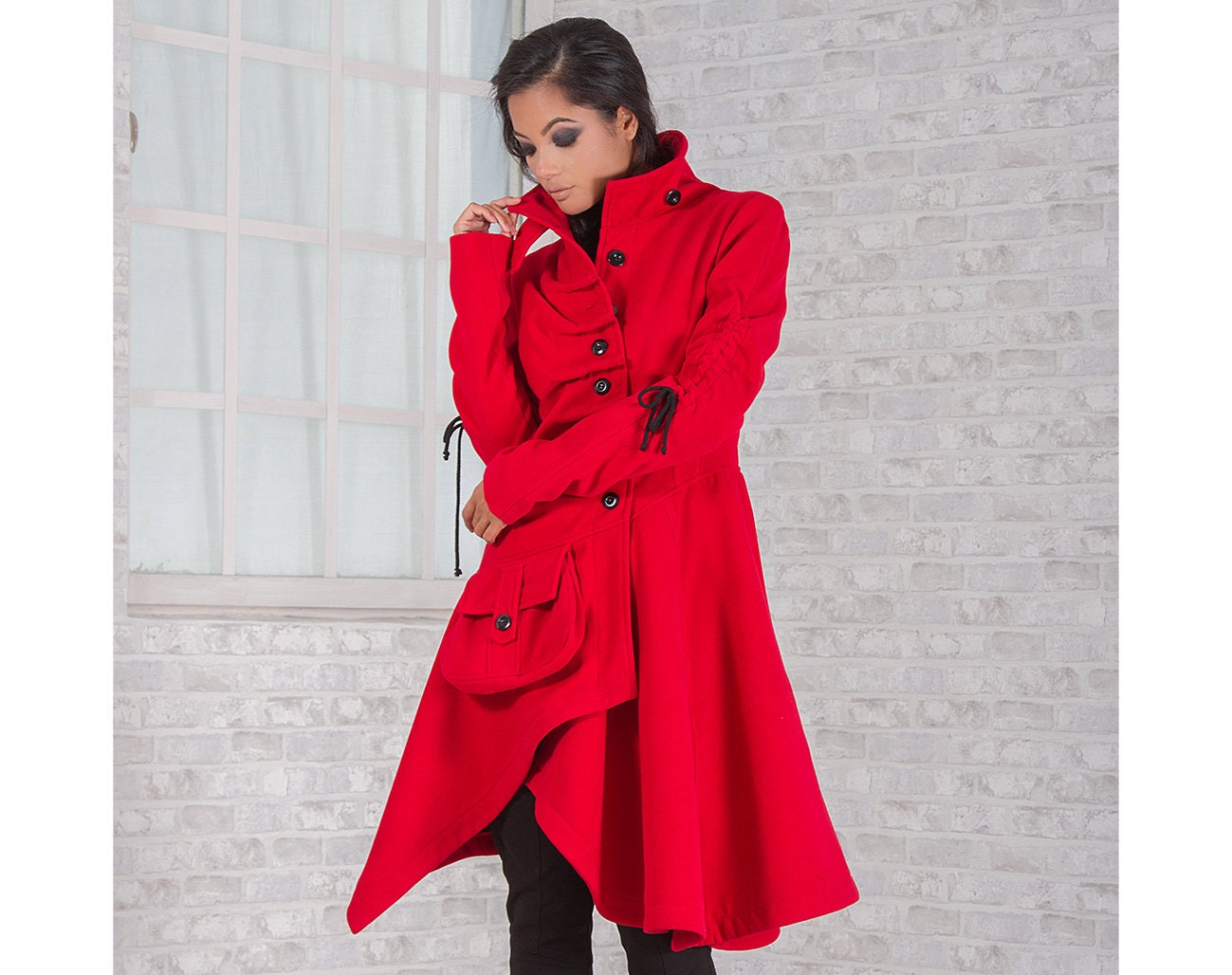 Warm Winter Coat, Red Wool Coat, Utility Women's Coat with lots of pockets and belts, Asymmetrical Coat, Extravagant Coat, Avant Garde Coat