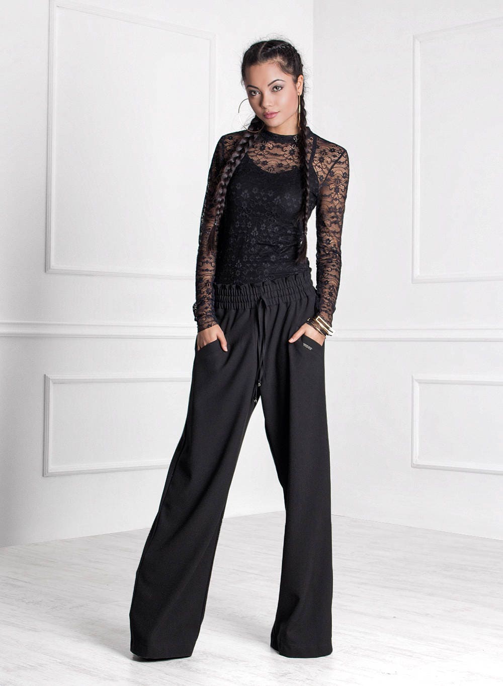 Extra Long Palazzo Pants, Woman Extravagant Pants, Costume Black Pants, Wide Leg Trousers, Friends Fashion