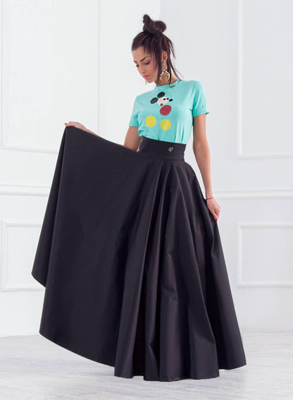 Long Closh Skirt, Black Peasant Skirt, Floor Skirt with Pockets, High Waisted Swirl Skirt, Woman Maxi Skirt