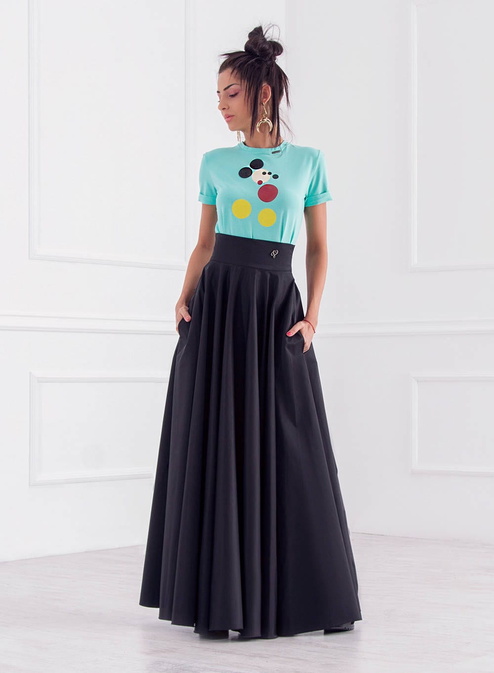 Long Closh Skirt, Black Peasant Skirt, Floor Skirt with Pockets, High Waisted Swirl Skirt, Woman Maxi Skirt