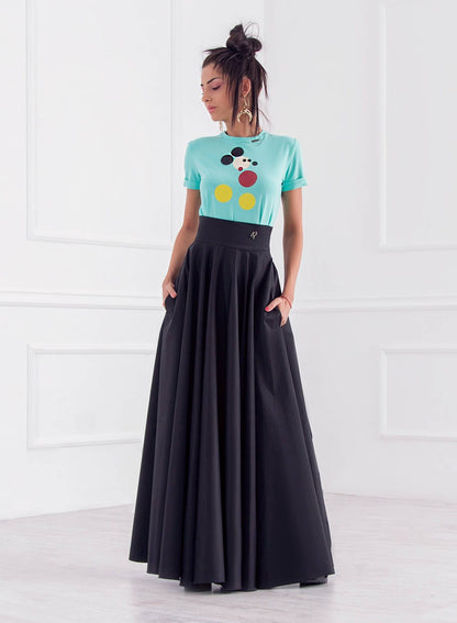 Long Closh Skirt, Black Peasant Skirt, Floor Skirt with Pockets, High Waisted Swirl Skirt, Woman Maxi Skirt