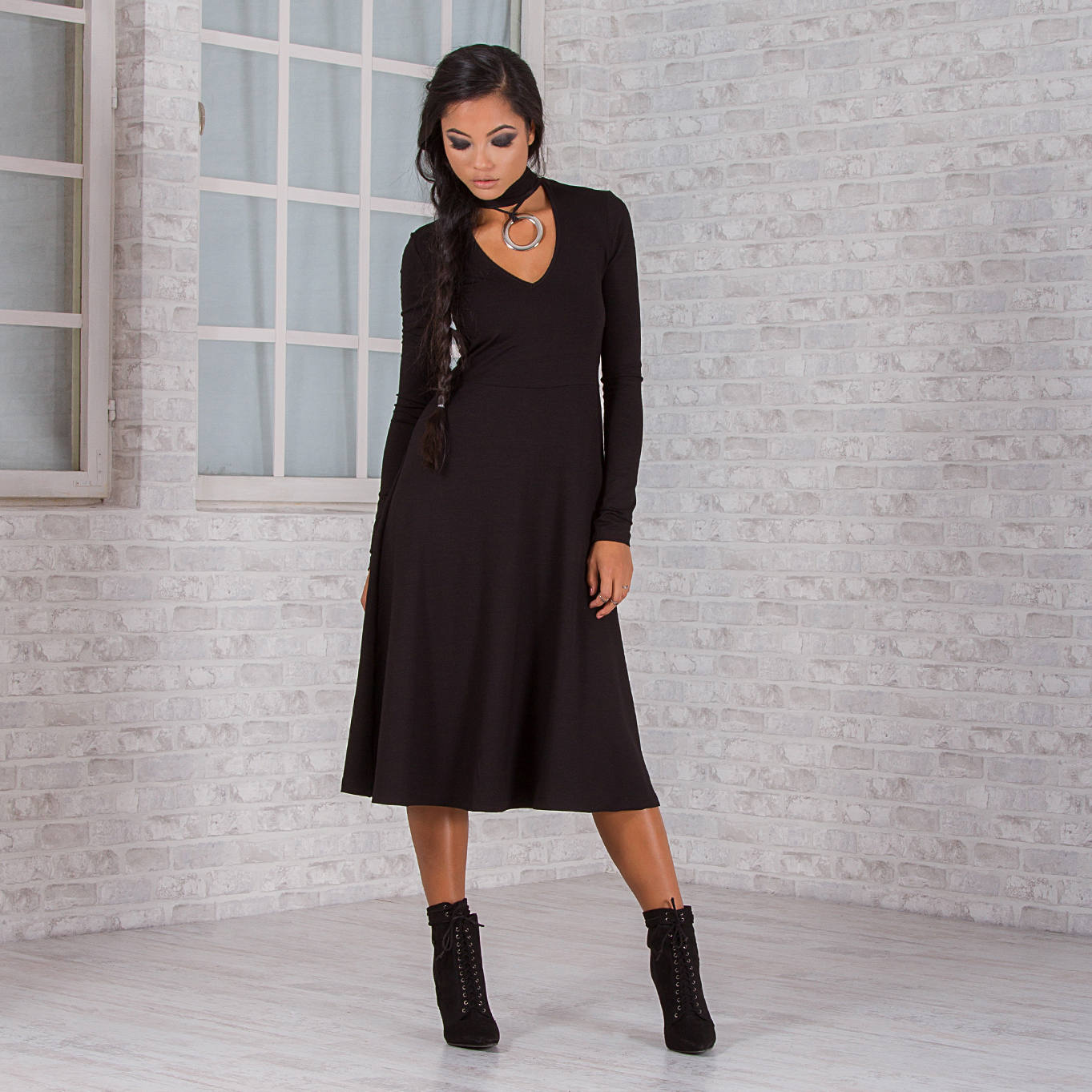 Woman Long Dress/ Cotton Viscose Midi Dress/ Long Sleeve Dress/ Plus Size Clothing