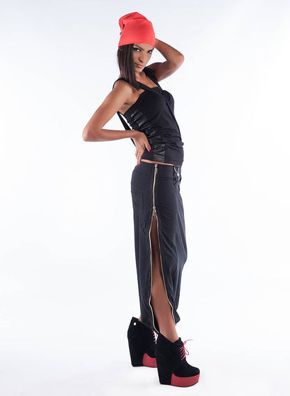 DARK GRAY Asymmetrical Skirt, Loose Long Skirt, Zip Harem Skirt, Casual Extravagant Skirt With Accessories