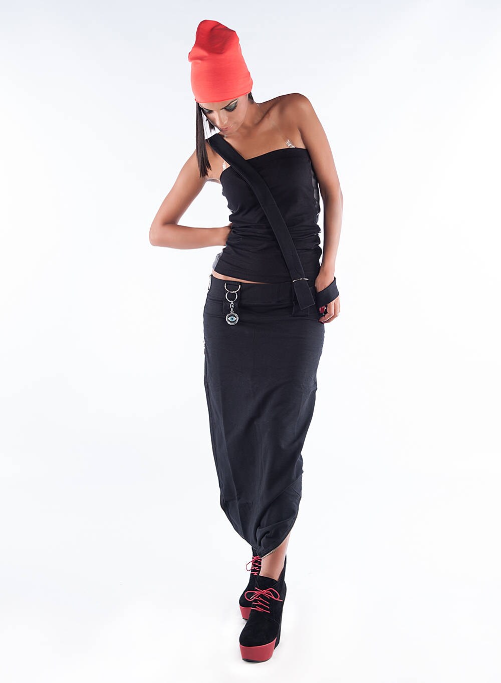 DARK GRAY Asymmetrical Skirt, Loose Long Skirt, Zip Harem Skirt, Casual Extravagant Skirt With Accessories