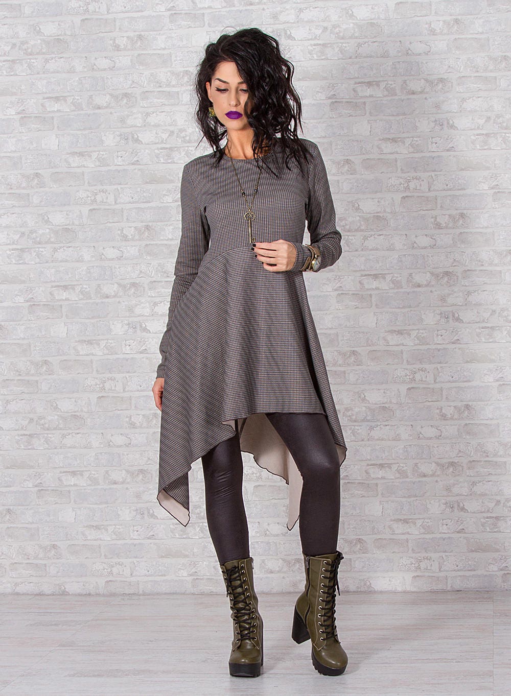 Woman Tunic, Long Sleeve Tunic Dress, Asymmetrical Tunic, Gray Melange Tunic, Elegant Cotton Tunic