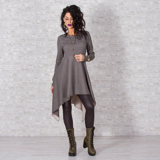 Woman Tunic, Long Sleeve Tunic Dress, Asymmetrical Tunic, Gray Melange Tunic, Elegant Cotton Tunic