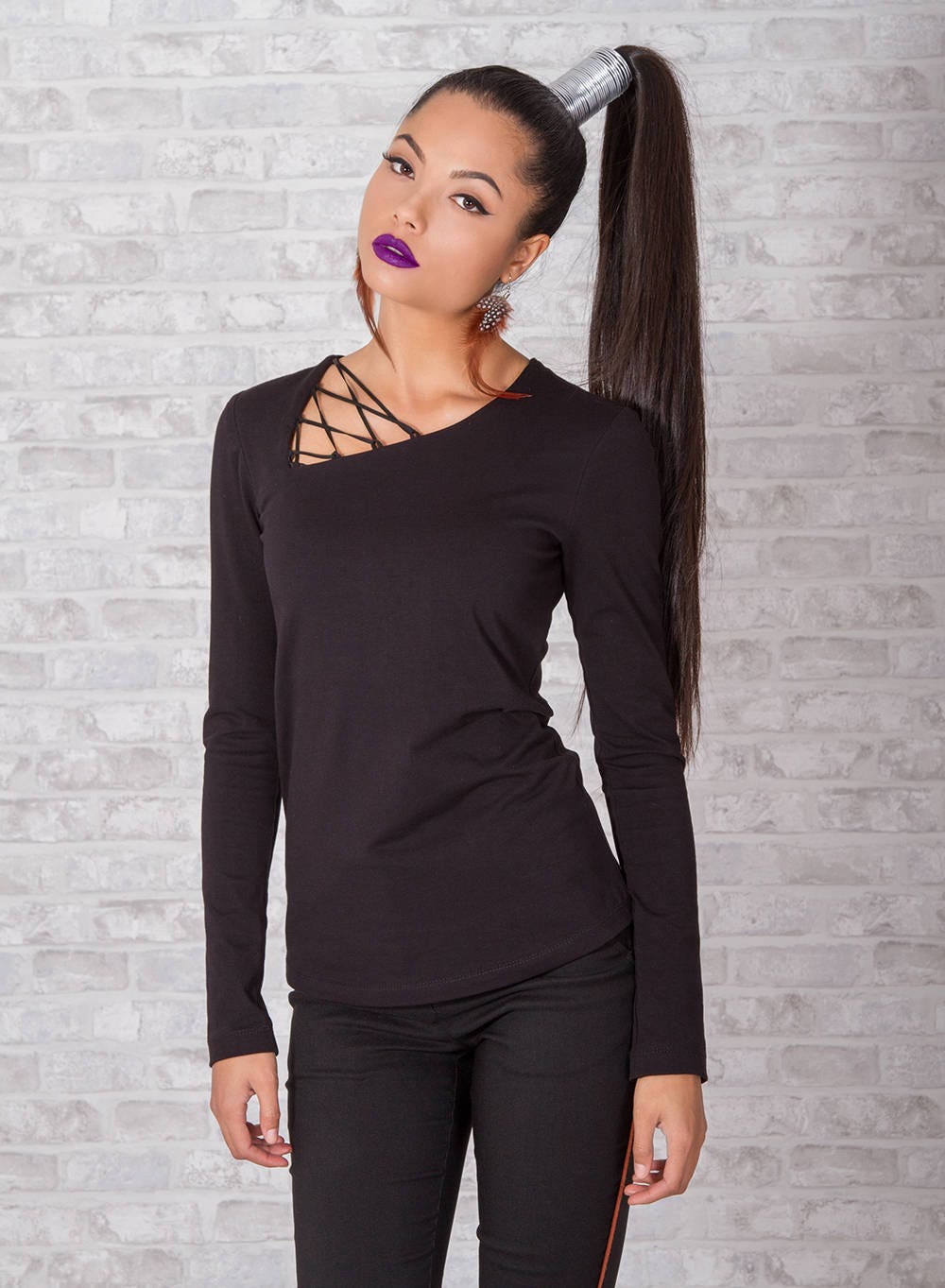 Woman Blouse/ Black Blouse/ Long Sleeve Blouse/ Neckline Blouse/ Cotton Blouse/ Black Top/ Woman Top/ Elegant Blouse/ Friends Fashion