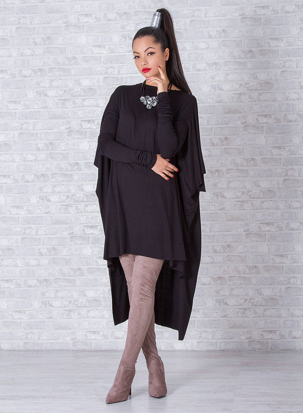 Oversized Woman Tunic, Loose Black Tunic, Avant Garde Top, Long Sleeve Tunic, Cape Tunic, Asymmetrical Top