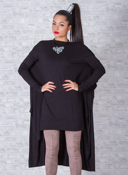 Black Woman Tunic, Asymmetric Extravagant Top, Long Sleeve Blouse, Oversized Maxi Tunic, Cape Plus Size Lady Fashion