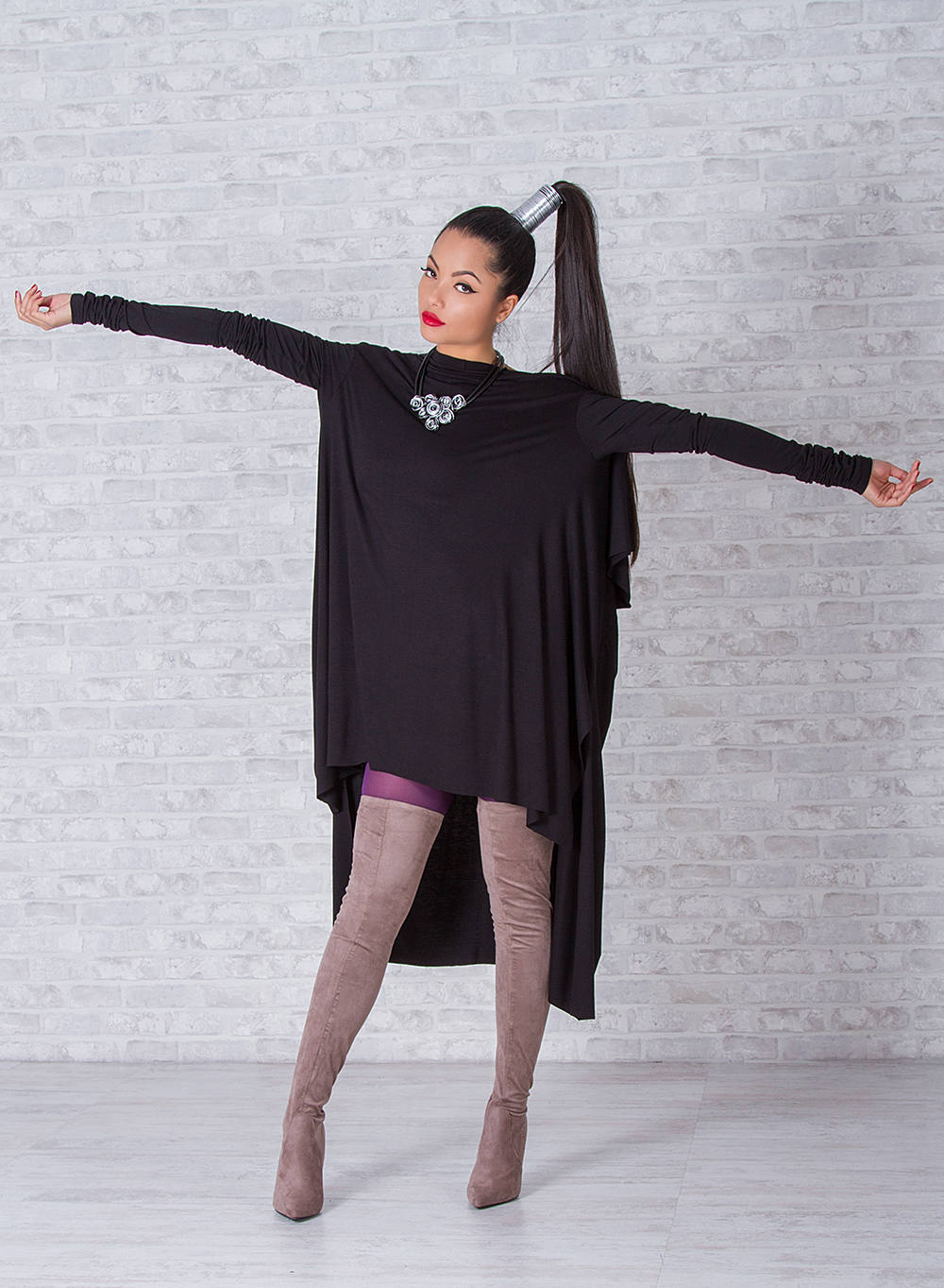 Black Woman Tunic, Asymmetric Extravagant Top, Long Sleeve Blouse, Oversized Maxi Tunic, Cape Plus Size Lady Fashion