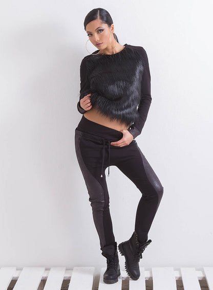 Faux Fur Top/ Faux Leather Top/ Woman Blouse/ Long Sleeve Top/ Extravagant Blouse/ Black Woman Top/ Sexy Woman Blouse/ Friends Fashion