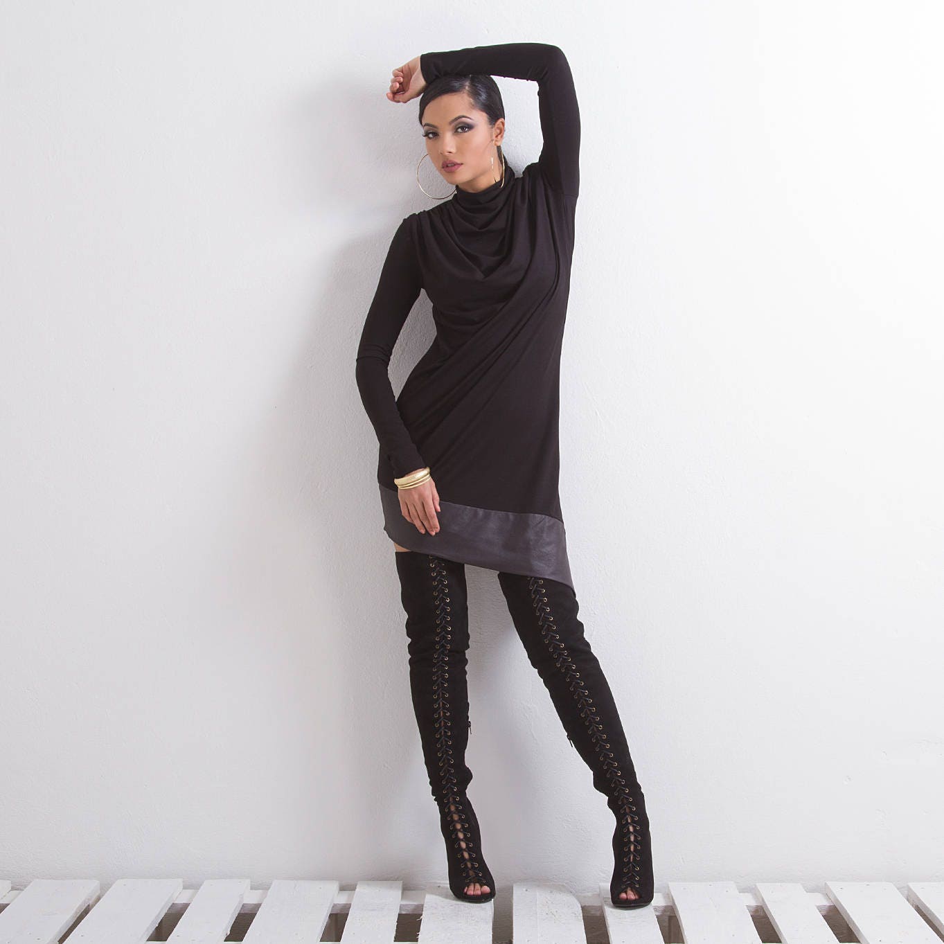 Faux Leather Tunic, Black Woman Tunic, Long Sleeve Tunic, Asymmetrical Tunic, Turtleneck Tunic, Sexy Black Tunic