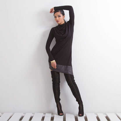 Faux Leather Tunic, Black Woman Tunic, Long Sleeve Tunic, Asymmetrical Tunic, Turtleneck Tunic, Sexy Black Tunic