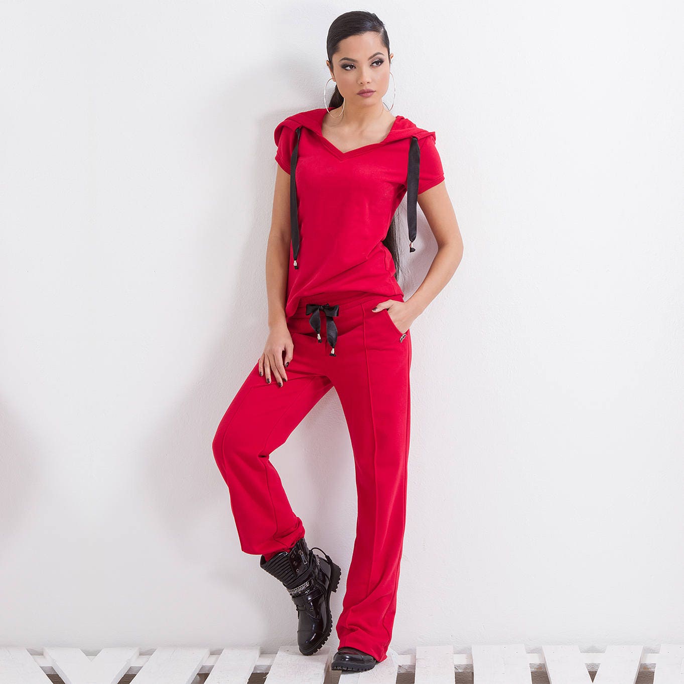 Hooded Tee & Loose Jogger Pants Set, Sports Clothing set, Woman Gym Casual Set in Red by Friends Fashion