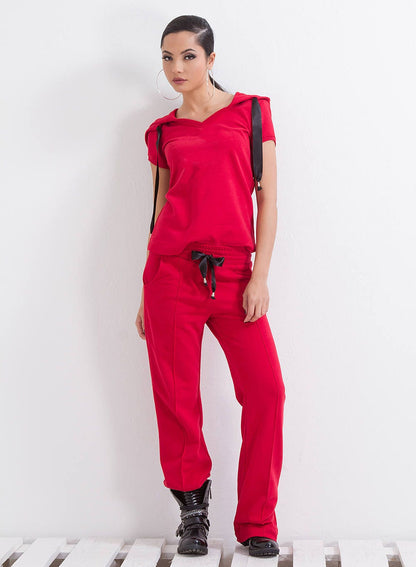 Hooded Tee & Loose Jogger Pants Set, Sports Clothing set, Woman Gym Casual Set in Red by Friends Fashion