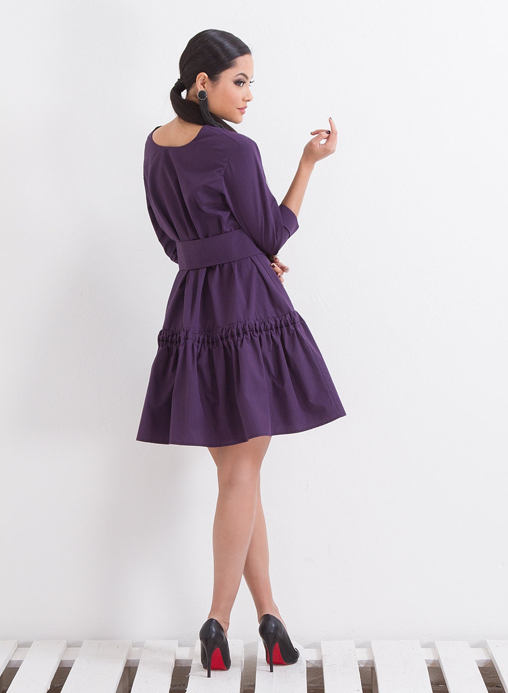 Loose Cotton Dress, Knee Length Dress, Ribbon Dress, Midi Sleeve Dress