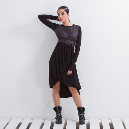 Asymmetrical Party Dress/ Black Long Sleeve Dress/ Plus Size Clothing