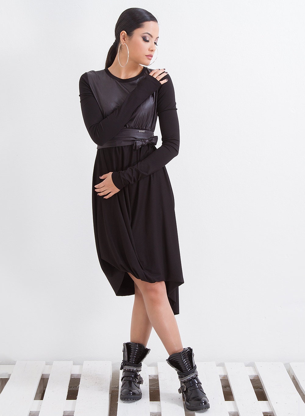 Asymmetrical Party Dress/ Black Long Sleeve Dress/ Plus Size Clothing