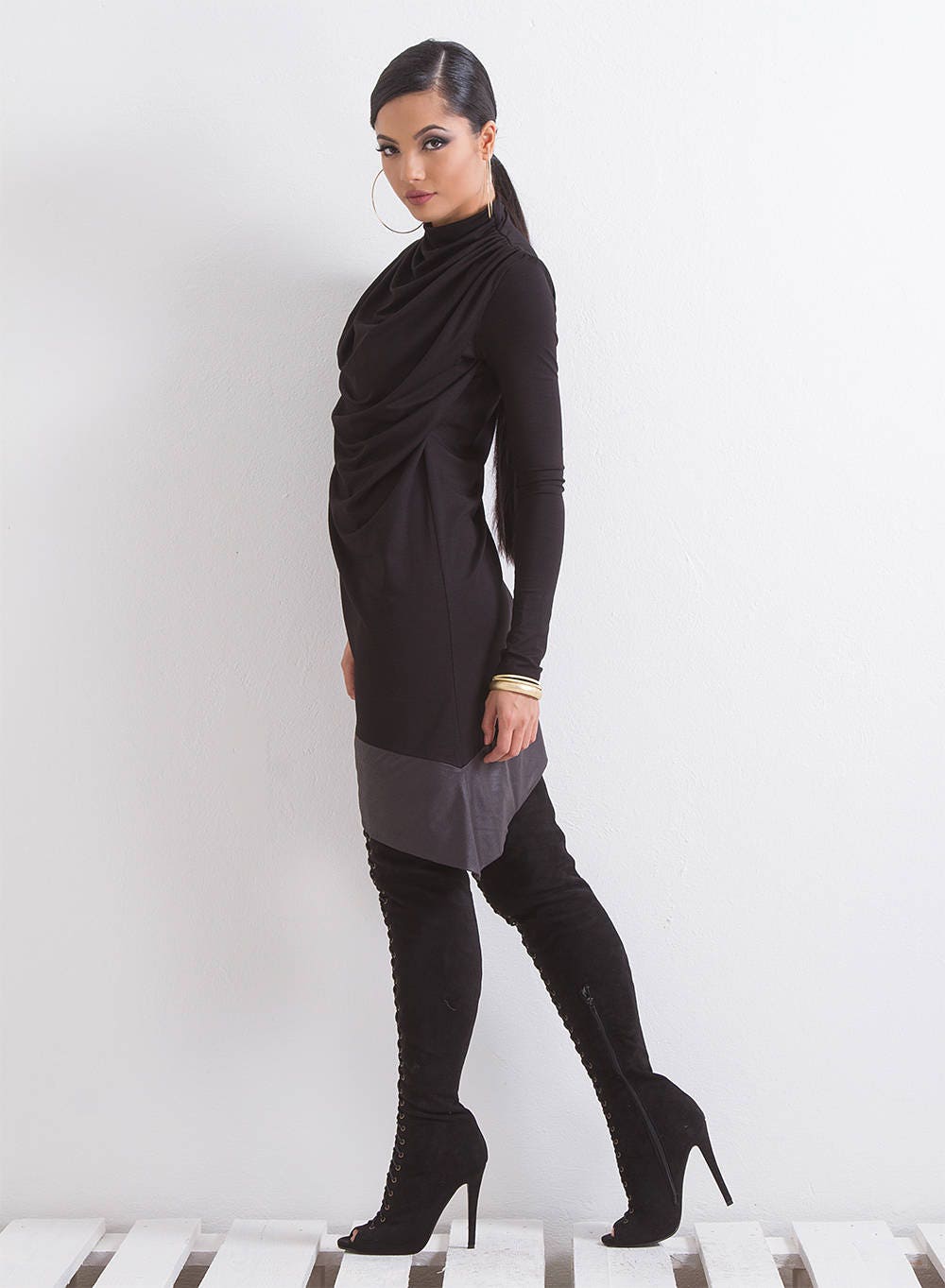 Faux Leather Tunic, Black Woman Tunic, Long Sleeve Tunic, Asymmetrical Tunic, Turtleneck Tunic, Sexy Black Tunic